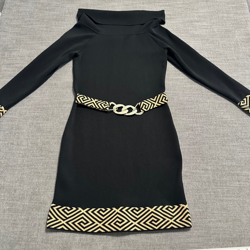 Derek Heart Sweater Dress Womens XL Black Gold Greek Key Belted Mini